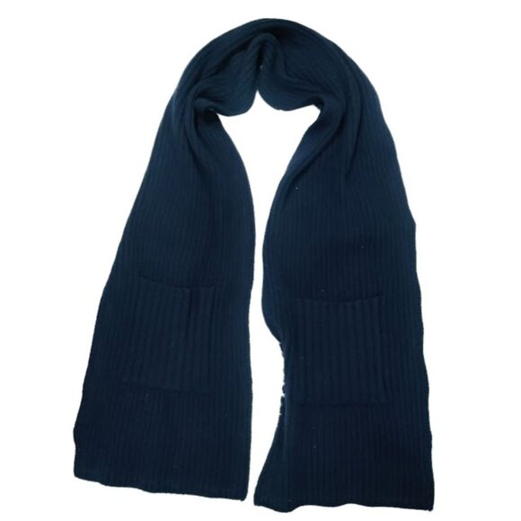 Navy Blue Cashmere Wool Blend With Pockets Ribbed Knit Scarf - Picture 1 of 7